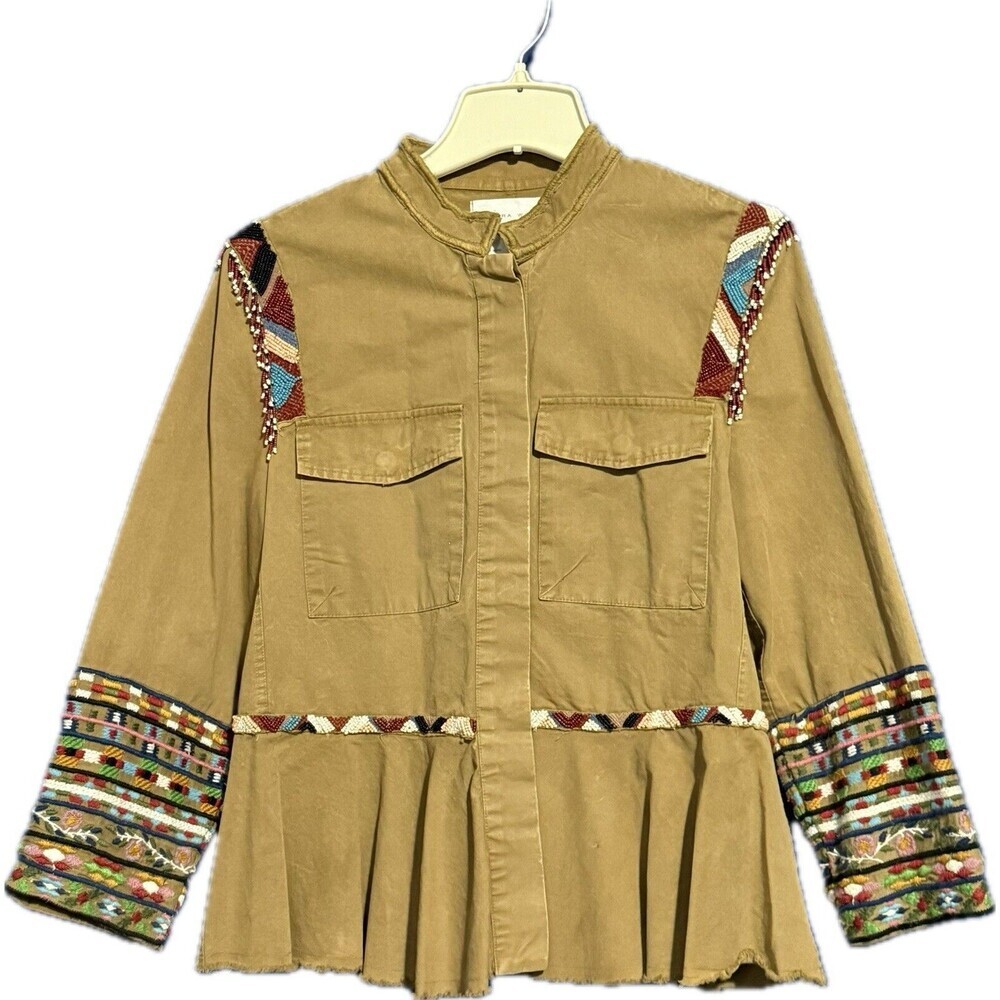 Zara Tan Embroidered Utility Jacket with Multicolor Accents